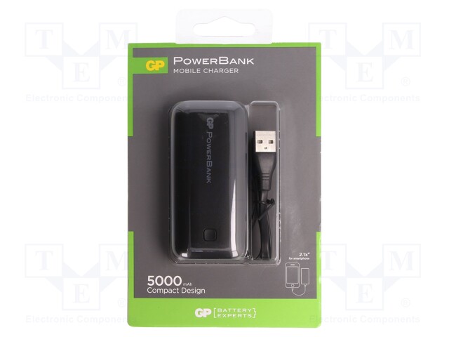 Re-battery: powerbank; 5000mAh; 2.1A; Out: USB; Colour: black; 5VDC