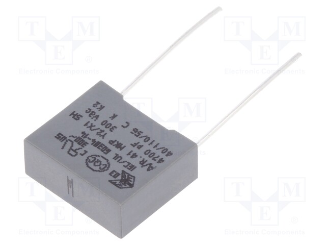 Capacitor: polypropylene; Y2; 4.7nF; 10mm; ±20%; 13x5x11mm; 300VAC