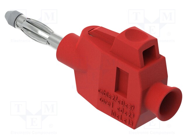 Plug; 4mm banana; 36A; 30VAC; 60VDC; red; non-insulated; on cable