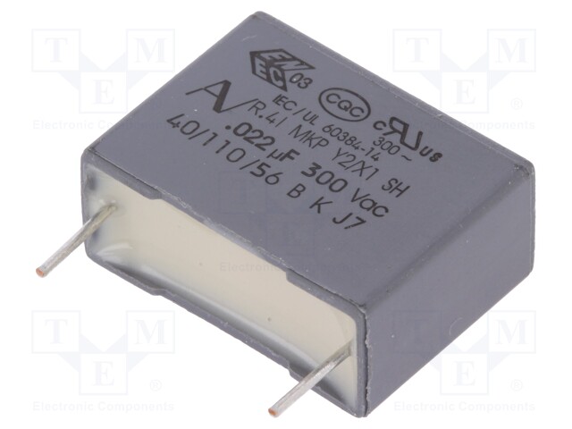 Capacitor: polypropylene; Y2; 22nF; 15mm; ±20%; 18x6x12mm; 300VAC