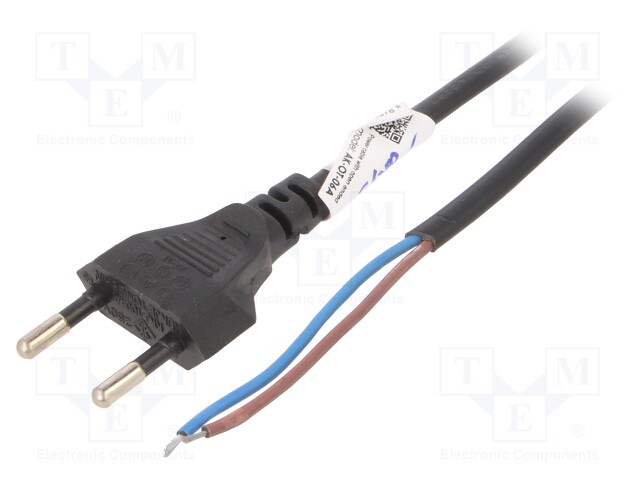 Cable; CEE 7/16 (C) plug,wires; 3m; flat; black; PVC; 2x0,5mm2; 13A