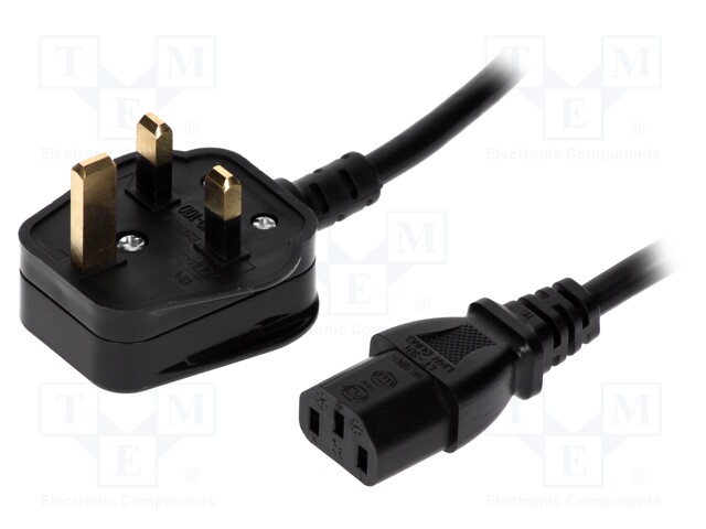 Cable; BS 1363 (G) plug,IEC C13 female; 2m; black; PVC; 3x0,75mm2