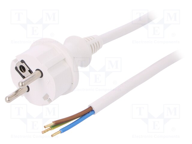 Cable; SCHUKO plug,CEE 7/7 (E/F) plug,wires; 3m; white; PVC; 16A