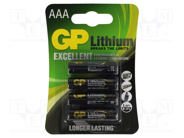 Battery: lithium; 1.5V; AAA; Batt.no: 4; non-rechargeable
