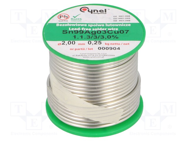 Soldering wire; Sn99Ag0,3Cu0,7; 2mm; 250g; lead free; 216÷227°C