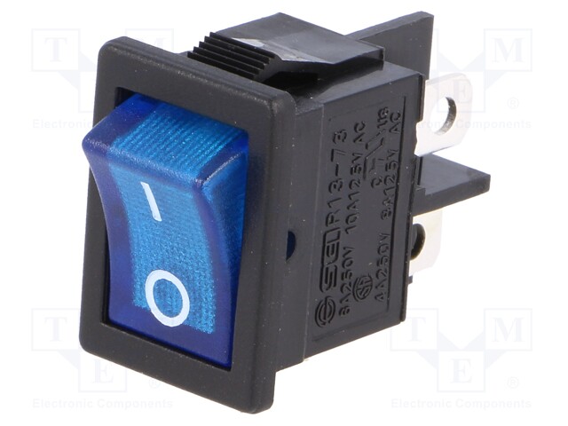 ROCKER; DPST; Pos: 2; OFF-ON; 6A/250VAC; blue; neon lamp 250V; 50mΩ