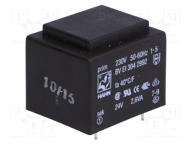 Transformer: encapsulated; 2.6VA; 230VAC; 24V; 108mA; Mounting: PCB