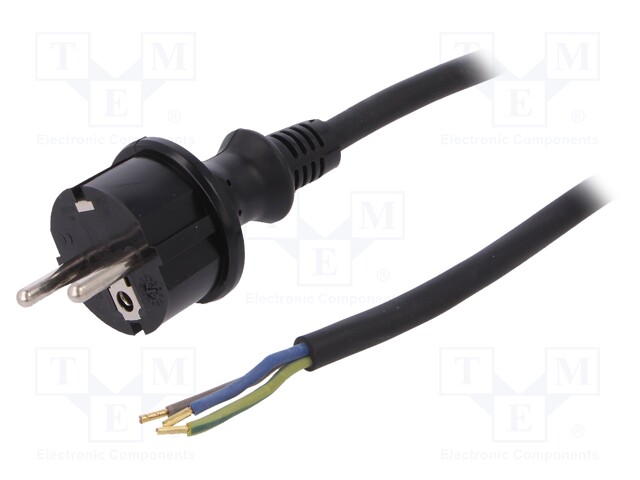 Cable; SCHUKO plug,CEE 7/7 (E/F) plug,wires; 2m; black; rubber