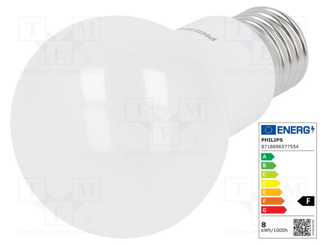 LED lamp; warm white; E27; 230VAC; 806lm; 8W; 200°; 2700K; CRImin: 80