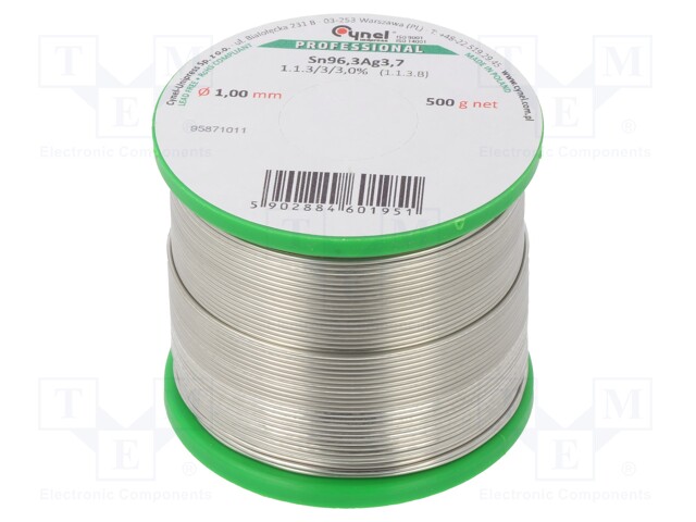 Soldering wire; Sn96,3Ag3,7; 1mm; 0.5kg; lead free; Package: reel