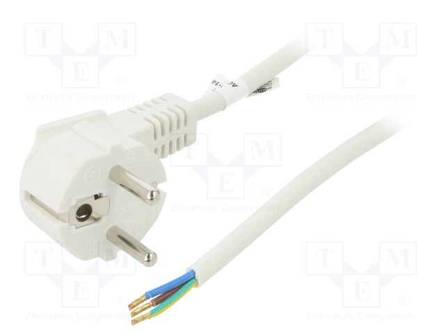 Cable; CEE 7/7 (E/F) plug angled,wires; PVC; 3m; white; 10A; 250V