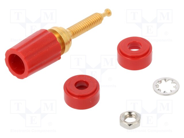 Socket; 4mm banana; 15A; 70VDC; red; gold-plated; screw,on panel