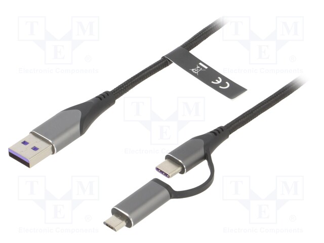 Cable; USB 2.0; USB A plug,USB B micro plug,USB C plug; 1m; 5A