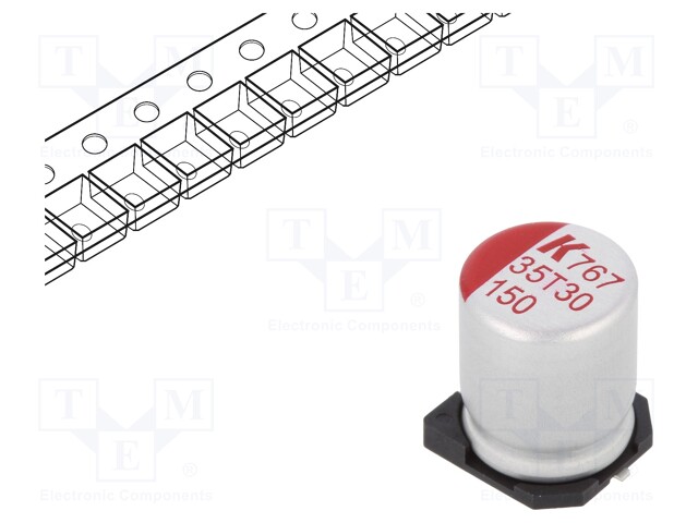 Polymer Aluminium Electrolytic Capacitor, 150 µF, 35 V, Radial Can - SMD, A767 Series, 0.028 ohm