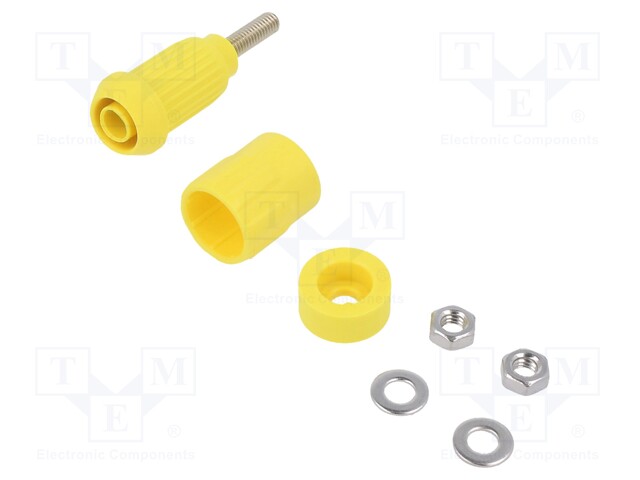 Socket; 4mm banana; 20A; yellow; screw; insulated