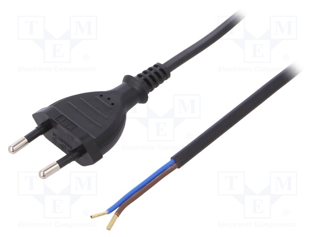 Cable; CEE 7/16 (C) plug,wires; 1m; black; PVC; 2x0,75mm2; 2.5A