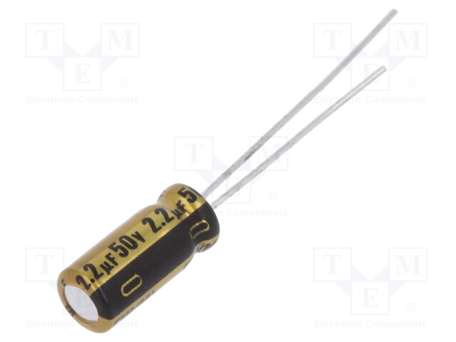 Capacitor: electrolytic; THT; 2.2uF; 50VDC; Ø5x11mm; Pitch: 2mm