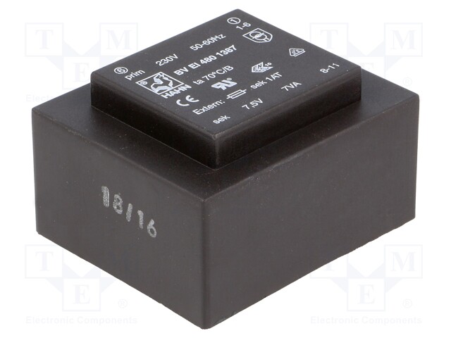 Transformer: encapsulated; 7VA; 230VAC; 7.5V; 933mA; Mounting: PCB