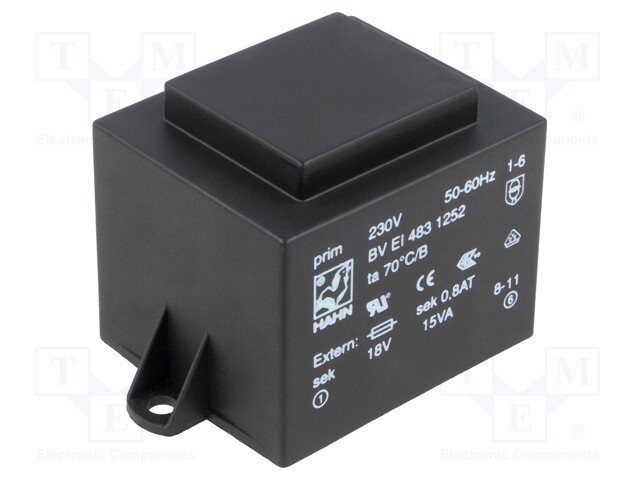 Transformer: encapsulated; 15VA; 230VAC; 18V; 833mA; Mounting: PCB