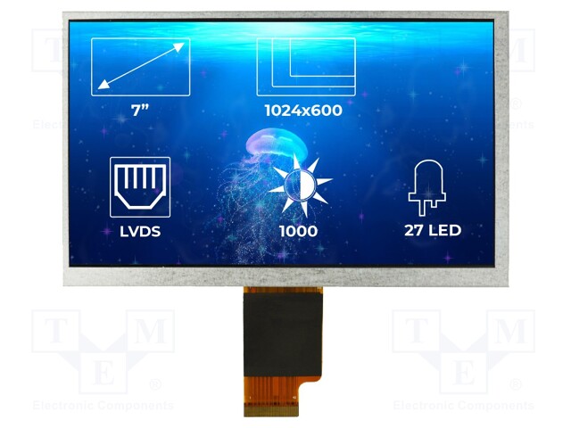 Display: TFT; 7"; 1024x600; Illumin: LED; Dim: 165.6x100x8.64mm