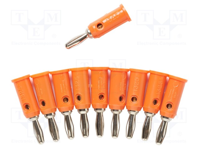 Plug; 4mm banana; 15A; 5kV; orange; Max.wire diam: 3mm; 10pcs.