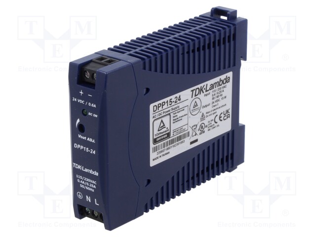 Power supply: switched-mode; for DIN rail; 15W; 24VDC; 630mA; 80%