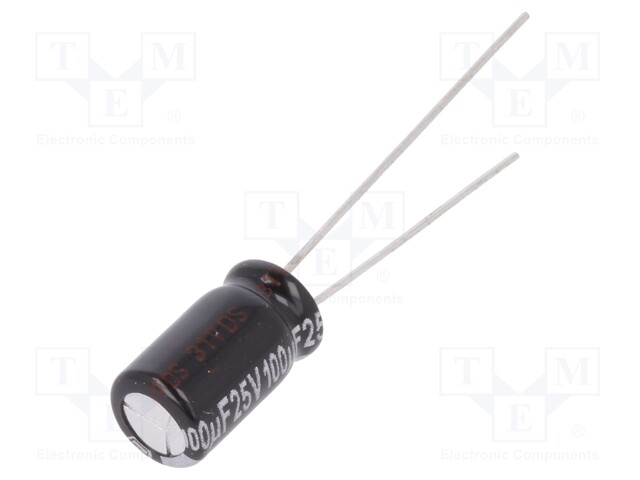 Capacitor: electrolytic; THT; 100uF; 25VDC; Ø6.3x11mm; Pitch: 2.5mm