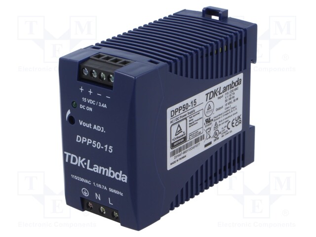 Power supply: switched-mode; for DIN rail; 50W; 15VDC; 3.4A; 85%