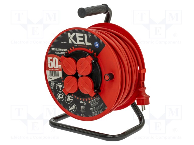 Extension lead; reel; Sockets: 4; rubber; red; 3x1,5mm2; 50m; 16A