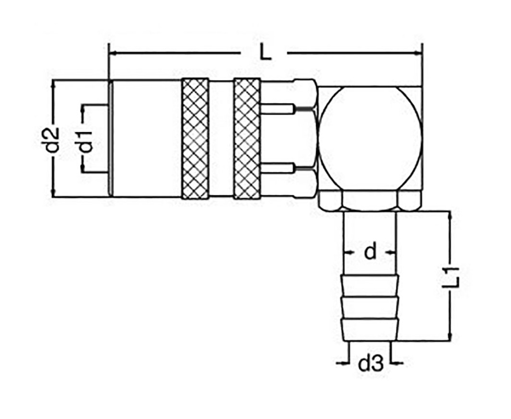 Quick connection coupling; angled 90°; 10bar; Mat: brass; L: 45mm