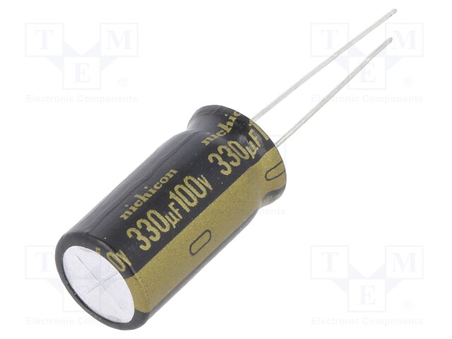 Capacitor: electrolytic; THT; 330uF; 100VDC; Ø12.5x25mm; Pitch: 5mm