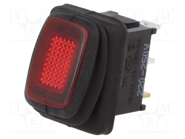 ROCKER; SPST; Pos: 2; OFF-ON; 16A/250VAC; red; IP65; neon lamp 250V