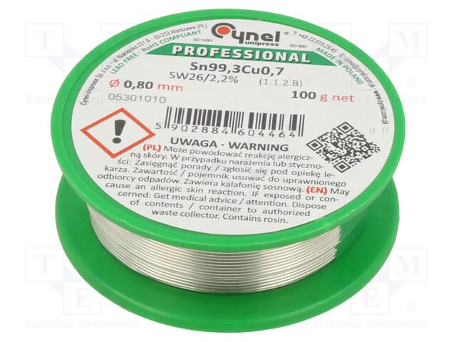 Soldering wire; Sn99,3Cu0,7; 0.8mm; 100g; lead free; Package: reel