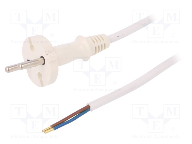 Cable; CEE 7/17 (C) plug,wires; 1.5m; white; PVC; 2x1mm2; 16A; 250V