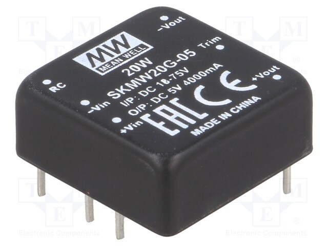 Converter: DC/DC; 20W; Uin: 18÷75V; 5VDC; Iout: 0÷4000mA; 1"x1",DIP