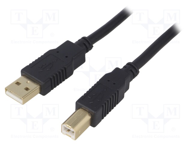 Cable; USB 2.0; USB A plug,USB B plug; gold-plated; 3m; black