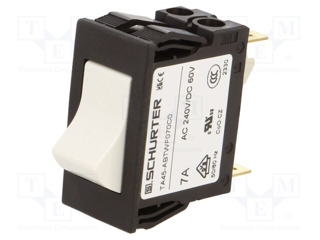 Circuit breaker; Urated: 240VAC; 60VDC; 7A; DPST; Poles: 2; SNAP-IN