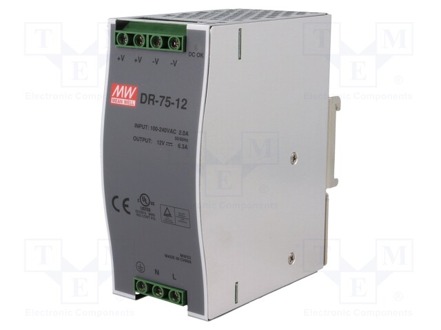 Power supply: switched-mode; 76W; 12VDC; 12÷14VDC; 6.3A; 85÷264VAC