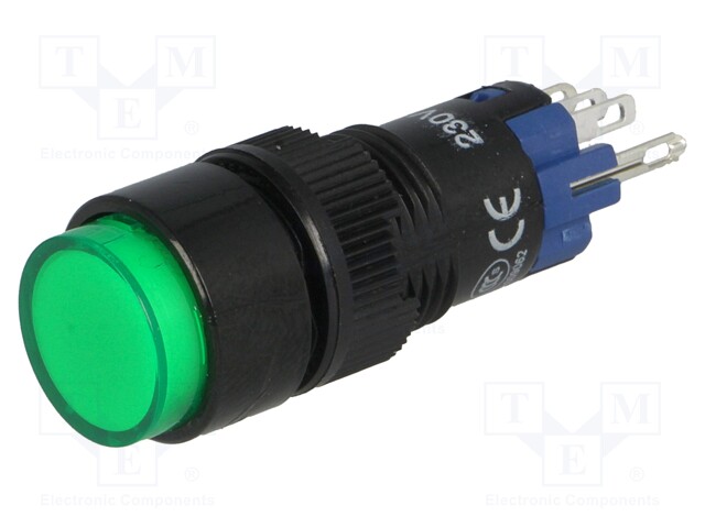 Switch: push-button; Pos: 2; SPDT; 0.5A/250VAC; 1A/24VDC; green