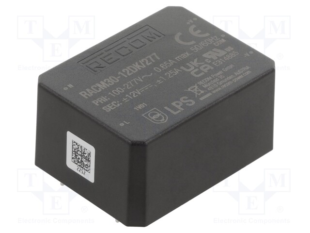 Converter: AC/DC; 30W; 85÷305VAC; Uout: 12VDC; Uout2: -12VDC; 86%