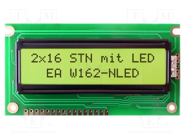 Display: LCD; alphanumeric; STN Positive; 16x2; yellow-green; LED