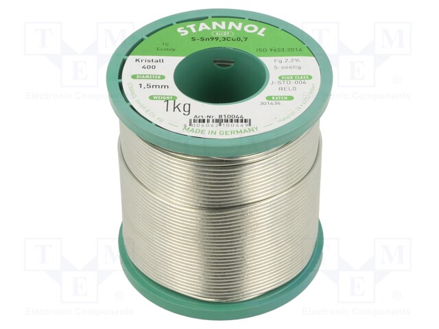 Soldering wire; Sn99Cu1; 1.5mm; 1kg; lead free; Package: reel