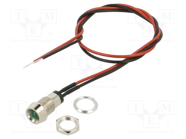 Indicator: LED; recessed; green; 5VDC; Ø8mm; metal; ØLED: 5mm; 5mcd