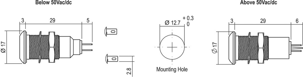 Indicator: LED; flat; 12÷28VDC; 12÷28VAC; Cutout: Ø12.7mm; IP67