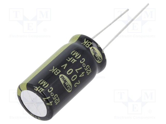 Capacitor: electrolytic; THT; 47uF; 200VDC; Ø12.5x25mm; ±20%; 5000h