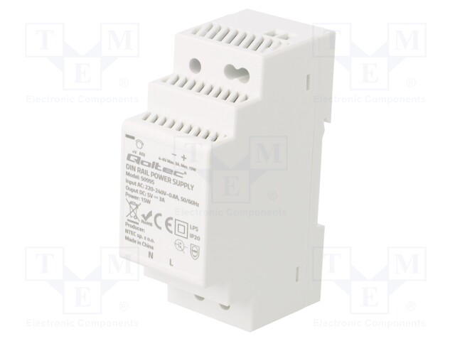 Power supply: switched-mode; 15W; 5VDC; 3A; 220÷240VAC; DIN; IP20