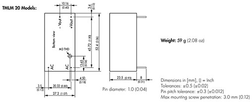 Converter: AC/DC; 20W; Uout: 15VDC; Iout: 1330mA; 83%; Mounting: PCB