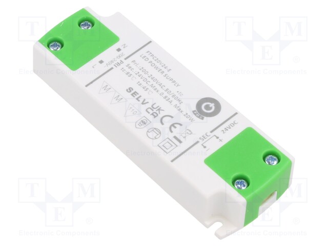 Power supply: switched-mode; LED; 20W; 24VDC; 833mA; 180÷264VAC