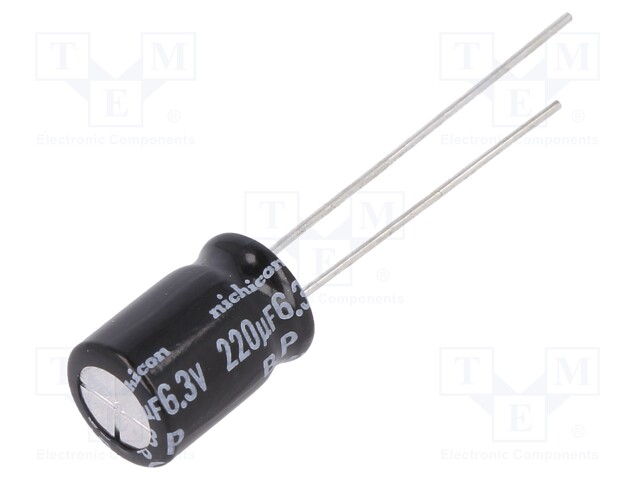 Capacitor: electrolytic; bipolar; THT; 220uF; 6.3VDC; Ø5x11mm; ±20%