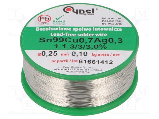 Soldering wire; Sn99Ag0,3Cu0,7; 0.25mm; 100g; lead free